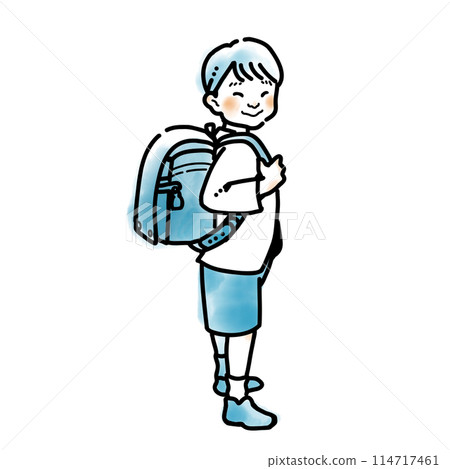 Simple watercolor illustration of a first grader carrying a school bag 114717461