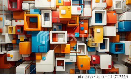 Colorful cubes are arranged on a wall, showcasing various shades and patterns 114717764