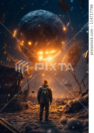 A man with a backpack in front of a large glowing ball in the sky 114717796