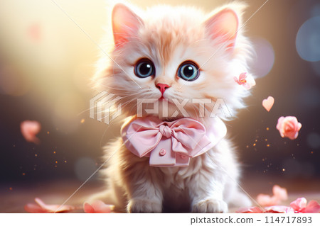 A small cat with a pink bow tie is seated on the ground nearby 114717893