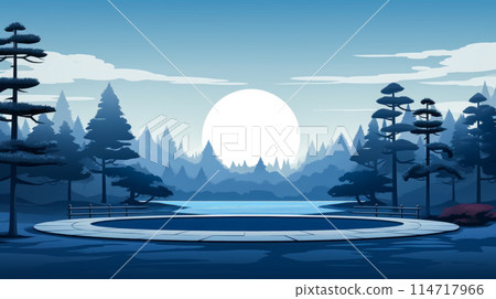 Lake, trees, mountains, full moon in the background 114717966