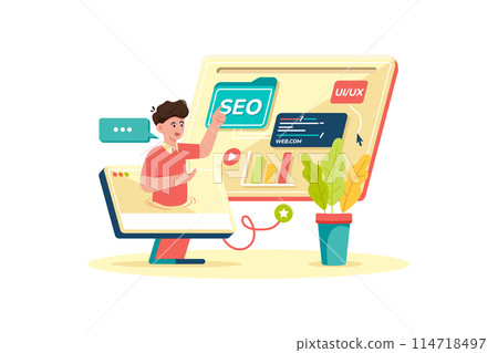 Digital marketer crafting SEO strategy for new website. Digital marketer crafting SEO strategy for new website. 114718497