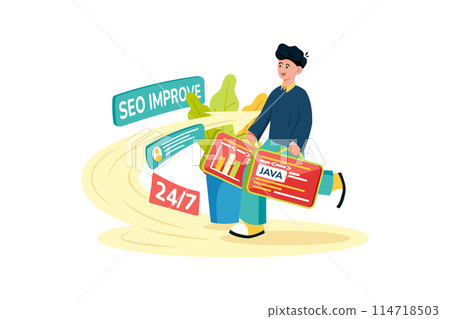 Web developer implementing technical SEO improvements. Web developer implementing technical SEO improvements. 114718503
