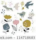 Scandinavian style plants and birds hand-drawn illustration material 114718683