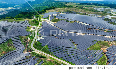 Aerial view of a mega solar power plant installed in a forest Aerial view of a mega solar power plant installed in a forest 114718928