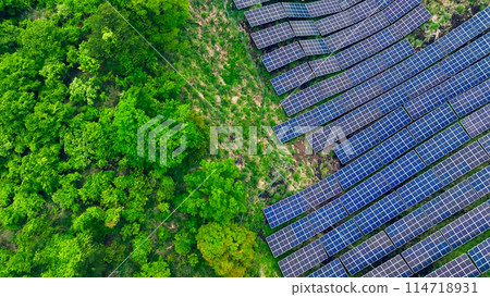 Aerial view of a mega solar power plant installed in a forest Aerial view of a mega solar power plant installed in a forest 114718931