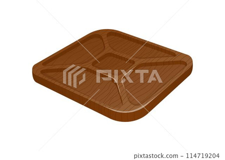 Wooden tray for food and snacks. Modern vector illustration in a realistic style isolated on white background. Wooden tray for food and snacks. Modern vector illustration in a realistic style isolated on white background. 114719204