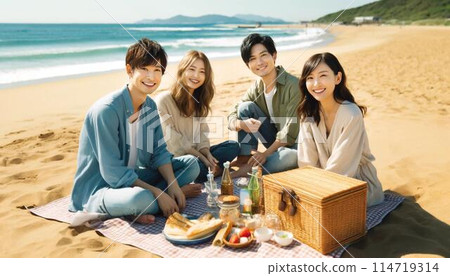 Young people having a drinking party at the beach 114719314