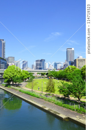 Osaka: The grassy area of Nakanoshima Park as seen from Tenjinbashi Bridge 114719323
