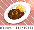 Braised beef on the bone and a pink tablecloth 114719343