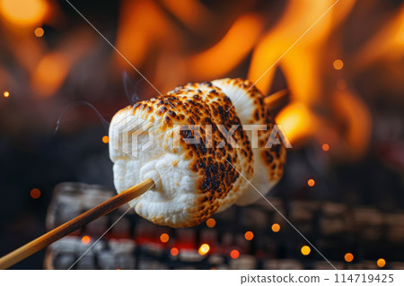 marshmallows on wooden stick are roasted on fire 114719425