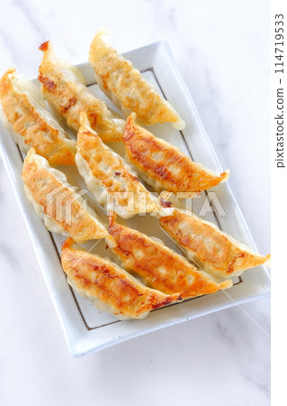 Grilled gyoza that is crispy on the outside and juicy on the inside. Grilled gyoza that is crispy on the outside and juicy on the inside. 114719533