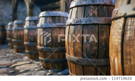 Row of solid, wooden barrels displays traditional craft. 114719620
