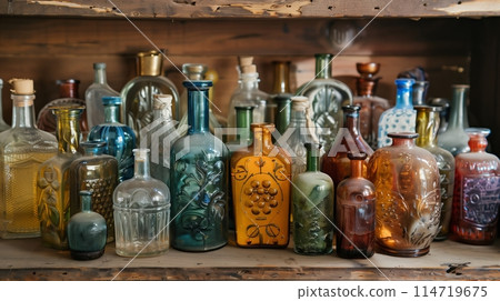 A collection of elegant glass bottles with unique designs. 114719675