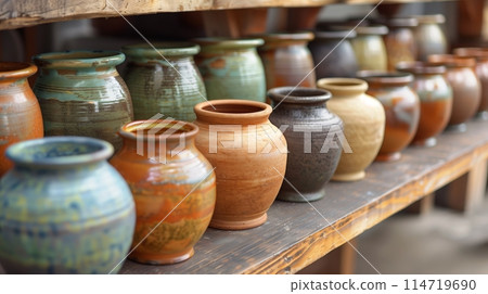 A row of handcrafted ceramic pots awaited their final touches. A row of handcrafted ceramic pots awaited their final touches. 114719690
