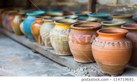 Ceramic pots lined up, prepped for the next creation step. Ceramic pots lined up, prepped for the next creation step. 114719691