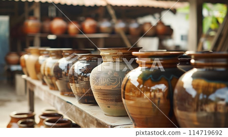 A collection of unique ceramic pots awaits, each beautifully crafted. A collection of unique ceramic pots awaits, each beautifully crafted. 114719692