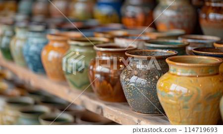A row of fine ceramic pots. 114719693