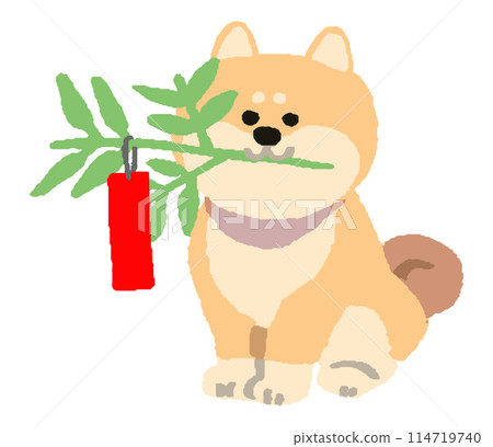 Dog holding Tanabata bamboo Dog holding Tanabata bamboo 114719740