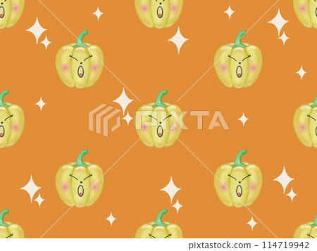 Seamless hand drawn vegetable cartoon characters, bright color background. 114719942