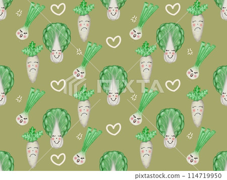 Seamless hand drawn vegetable cartoon characters, bright color background. Seamless hand drawn vegetable cartoon characters, bright color background. 114719950