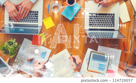 Collaboration through AI interfaces. Image of team meetings and joint work. 114720057