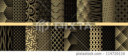 Geometric set of seamless black and golden patterns. Simple vector graphics 114720110