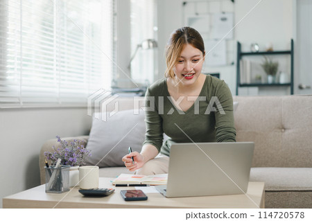 Young businesswoman working from home with laptop and documents. Work life balance concept 114720578