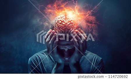 A man is depicted with his hands clutching his head, his face contorted in agony. The experience of neurological pain and destress. Generative AI. A man is depicted with his hands clutching his head, his face contorted in agony. The experience of neurological pain and destress. Generative AI. 114720692