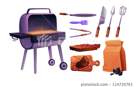 Barbecue grill party cartoon icon set with meat Barbecue grill party cartoon icon set with meat 114720761