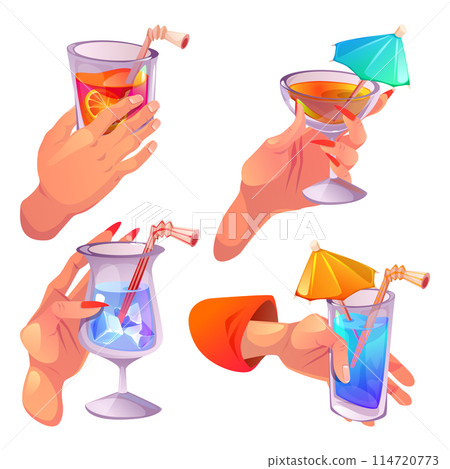 Human hands holding glass with cocktail drink. Human hands holding glass with cocktail drink. 114720773