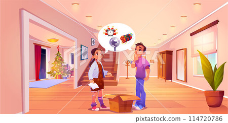 Teenage children in hallway room with package 114720786