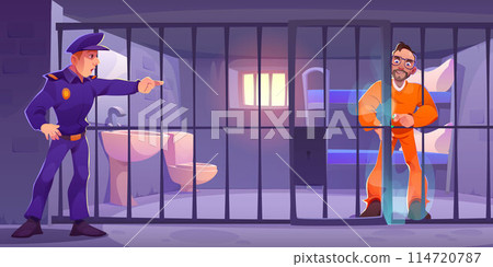 Policeman points at prisoner breaking out of jail Policeman points at prisoner breaking out of jail 114720787