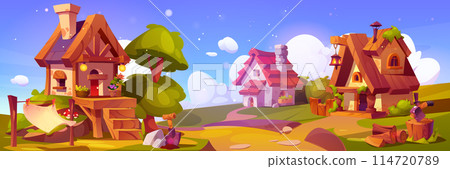 Cute fairytale village with house on road cartoon 114720789