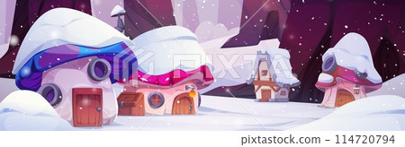 Magic gnome village with snow in winter forest Magic gnome village with snow in winter forest 114720794