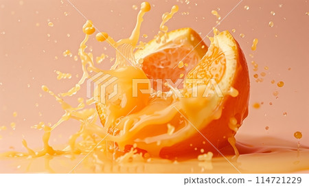 "Juice burst from a cracked orange on a pastel background, adding vibrant color." "Juice burst from a cracked orange on a pastel background, adding vibrant color." 114721229