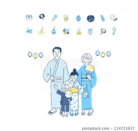 一家四口穿著浴衣和節日偶像 114721637