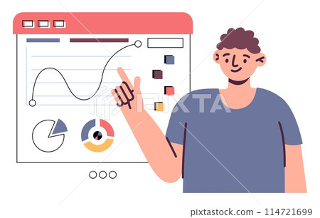 Business infographic. Man showing diagram at presentation. Finance growth chart. Management strategy. Investment income analysis infograph. Manager presenting project. Vector concept 114721699