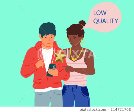 Golden award stars. Bad quality. Customer review and feedback signs. Users satisfaction. Client experience rating. Couple give service assessment with phone. Online ranking. Vector concept 114721708