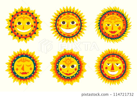 Sun faces. Abstract Indian graphic, summer characters, ethnic Aztec doodle style smiles, cute funny circles stickers, spring day colorful design shiny symbols. Vector cartoon isolated set 114721732
