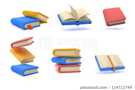 3d books. Open, closed notebook and magazine, encyclopedia or dictionary study, story read or school knowledge. Textbook stack. Cute minimal style render isolated elements. Vector icon set 114721749