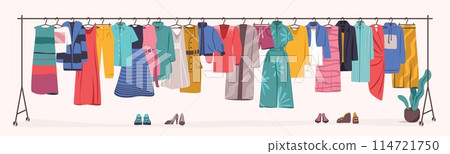Shop hanger. Fashion winter rack with dress and coat for store sale or charity market, secondhand garment. Rail with different bright colorful trendy clothes. Vector cartoon flat style illustration 114721750