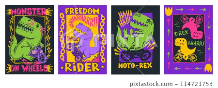 Dinosaur on motorbike. Fashion art texture. Sport animal characters. Typography streetwear print. Dino on bicycle. T-rex riding bike. Monster on wheels. Vector abstract posters set 114721753