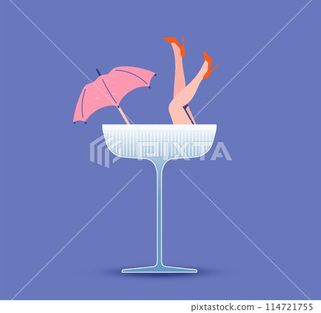 Cocktail glass. Vintage martini retro poster. Night beach club. Tropical party fun. Alcohol beverage. Summer pool flyer. Woman body. Female sexy legs and umbrella. Vector abstract design Cocktail glass. Vintage martini retro poster. Night beach club. Tropical party fun. Alcohol beverage. Summer pool flyer. Woman body. Female sexy legs and umbrella. Vector abstract design 114721755