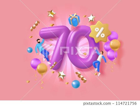 70 percent off. 3D sale banner. Shopping offer. People fly with gift boxes and balloons. Mega discount holiday event. Online promotion advertising. Shop marketing. Vector background 70 percent off. 3D sale banner. Shopping offer. People fly with gift boxes and balloons. Mega discount holiday event. Online promotion advertising. Shop marketing. Vector background 114721756