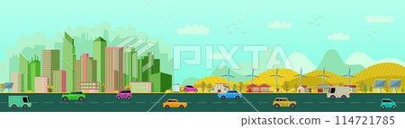 Office buildings. City landscape. Skyline town panorama. Cars traffic. Downtown skyscrapers or village houses. Urban highway. Windmills and solar panels. Vector cityscape background Office buildings. City landscape. Skyline town panorama. Cars traffic. Downtown skyscrapers or village houses. Urban highway. Windmills and solar panels. Vector cityscape background 114721785