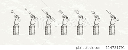 Vintage cutlery. Hand hold food fork, spoon and knife. Restaurant plate serving. Dining silverware. Old Victorian sketch. Teaspoon in fingers. Lunch eating. Vector drawing tableware set Vintage cutlery. Hand hold food fork, spoon and knife. Restaurant plate serving. Dining silverware. Old Victorian sketch. Teaspoon in fingers. Lunch eating. Vector drawing tableware set 114721791