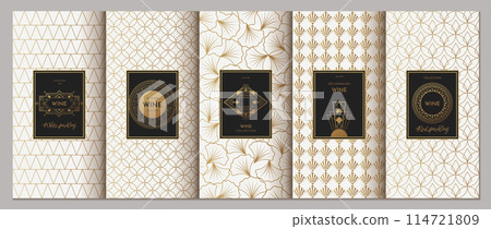 Gold label set. Wine package logo, black box with floral or marble beauty ornament, modern leaf frame. Art deco style, packaging design. Premium quality, luxury paper. Vector backgrounds 114721809