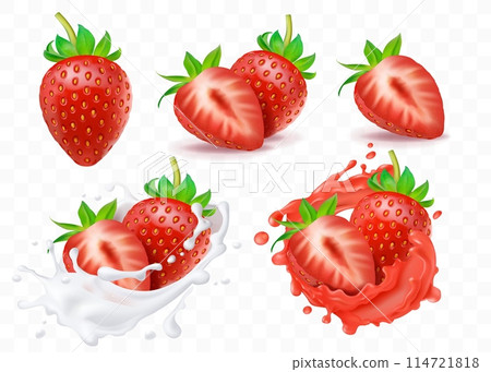 Strawberry in splash. Fruit milk, cream and milkshake, juice or yogurt in motion, fresh realistic berry whole, half and slices, smoothie or cocktail. Packaging design vector isolated 3d set 114721818