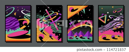 Psychedelic posters. Abstract retro background. 1980s space landscape with volcano explosion. Surreal sky. Cosmic infinity. Optical illusion. Geometric shapes. Vector graphic banners set 114721837